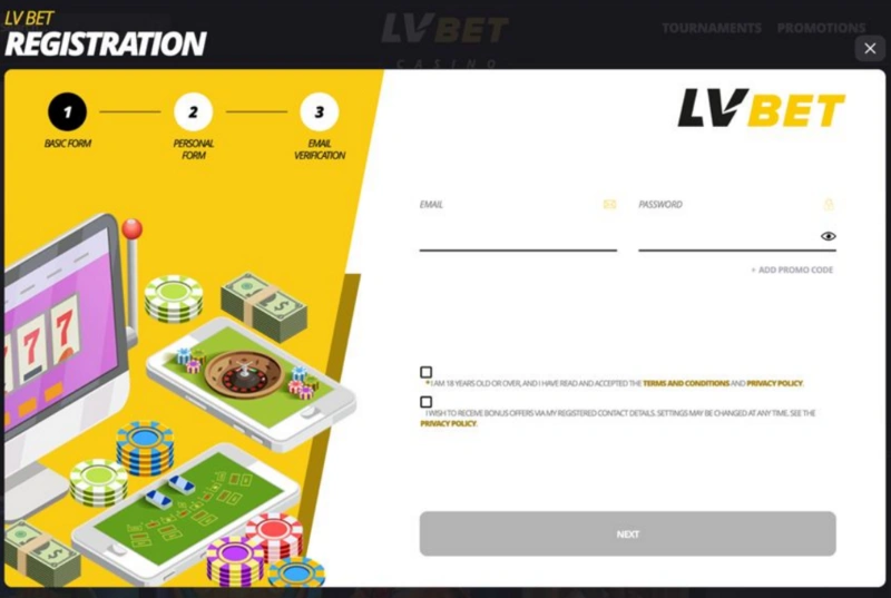 LVBet Casino Regisztrációs lépés 1